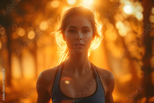 Woman is jogging in the park, Blurred sunrise background, Exercise, Health care, healthiness concept