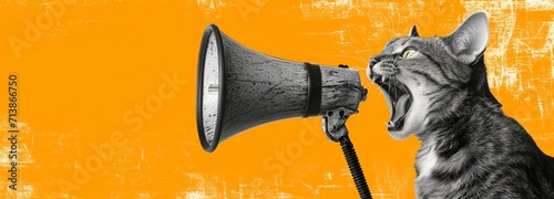 A photorealistic cat yells into a vintage megaphone against a bold orange backdrop, creating a humorous and surreal illustration perfect for impactful designs.