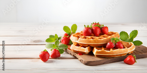  Belgium waffles with strawberries and mint on white wooden pranks table and white background for breakfast concept 