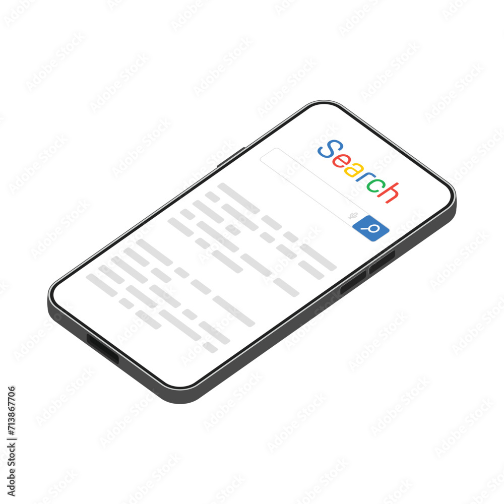 Smartphone with search bar on screen. Mobile phone with search window. Isometric view. Smartphone with search bar on screen. Mobile phone with search window. Isometric view.