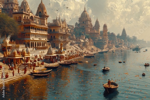 Varanasi, View of Prayag Ghat and Dashaswamedh Ghat from Ganges river at Varanasi Uttar Pradesh India photo