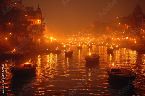 Beautiful night skyline view of the ghats and Ganges River in Varanasi, India photo