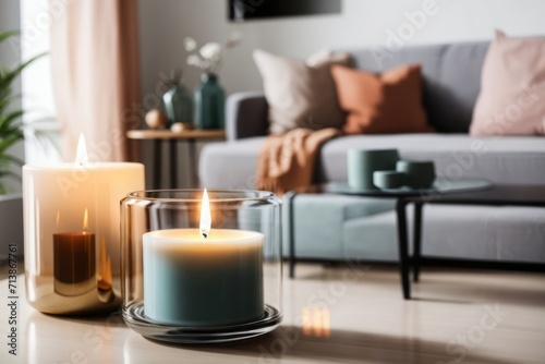 Interior home design of modern living room with candle is burning in a glass cup on the table