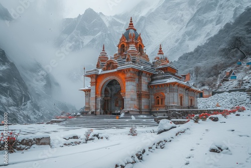 An ancient kedarnath temple, snow in the mountain photo