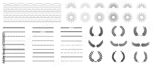 Set of design elements. Wreath, calligraphic, laurel leaves, ornate. Lines, waves, zigzag, borders. Retro sunburst design. Vector illustration