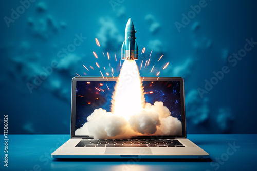 パソコンからロケットが打ち上げるイメージのイラスト