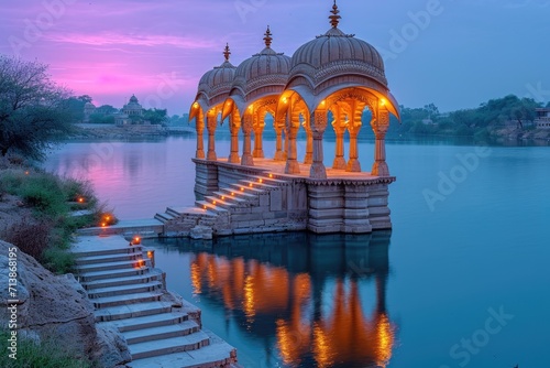 Gadi Sagar - artificial lake view through arch. Jaisalmer, Rajasthan, India