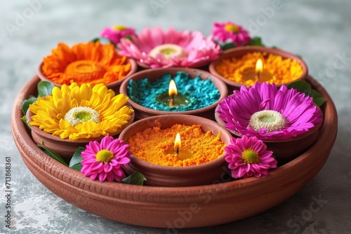 Vibrant Diwali Diyas with Flowers on Traditional Plate  thali decorated with flowers and diya