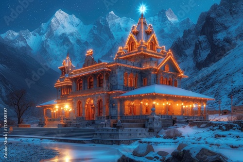 View of the Kedarnath temple lights at night with mountains in the background photo