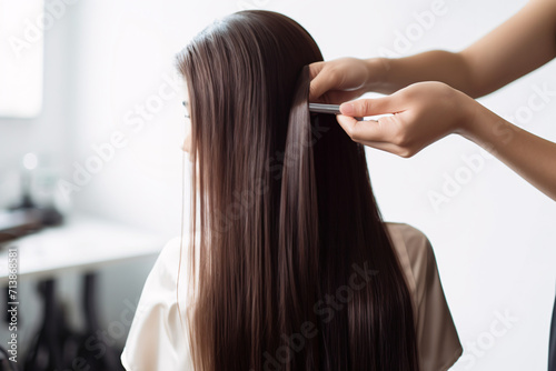 ヘアケアをするストレートヘアでロングの髪の女性

