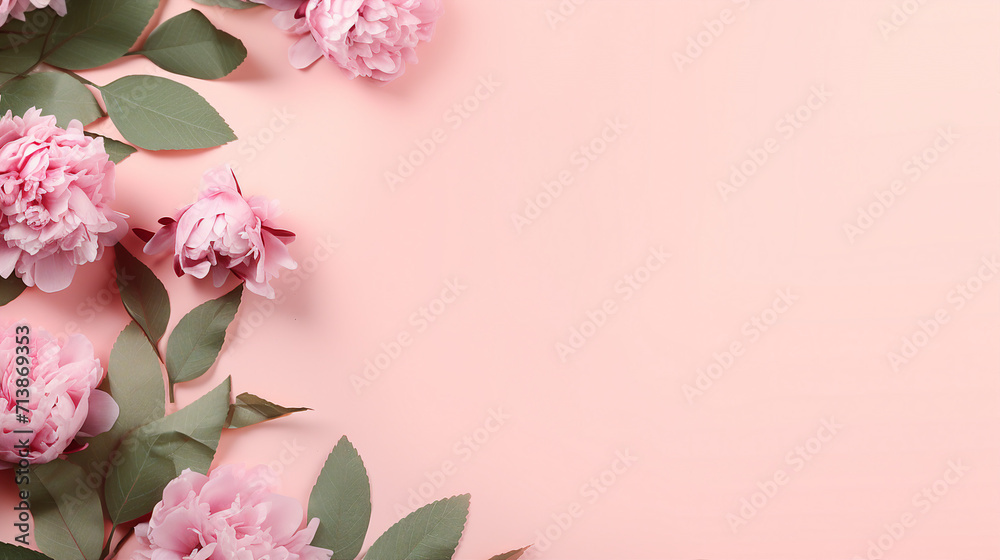 Captivating Festive Banner: Peony Flowers and Green Leaves on Pink Pastel Background - Perfect for Promotions and Celebrations