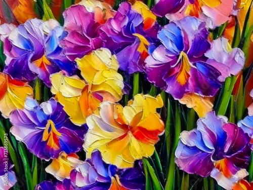 Oil flowers. Beautiful delicate feminine multi-colored spring or summer flowers close-up generated by AI. Bouquet of flowers. Flowers in a flowerbed. Postcard, congratulations to a woman. Iris flower