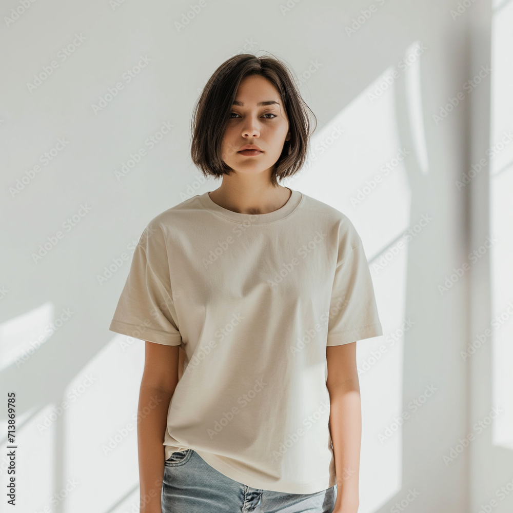Beige T-shirt Mockup, Woman, Girl, Female, Model, Wearing a Beige Tee Shirt and Blue Jeans, Oversized Blank Shirt Template, White Background, Close-up View Beige T-shirt Mockup, Woman, Girl, Female, Model, Wearing a Beige Tee Shirt and Blue Jeans, Oversized Blank Shirt Template, White Background, Close-up View