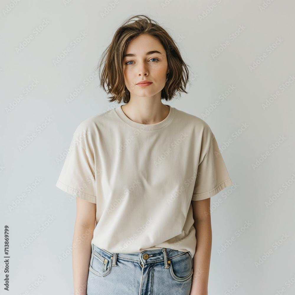 Beige T-shirt Mockup, Woman, Girl, Female, Model, Wearing a Beige Tee Shirt and Blue Jeans, Oversized Blank Shirt Template, White Background, Close-up View Beige T-shirt Mockup, Woman, Girl, Female, Model, Wearing a Beige Tee Shirt and Blue Jeans, Oversized Blank Shirt Template, White Background, Close-up View