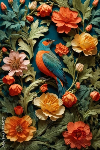 Colorful Garden Reverie Generative AI's Bird and flowers Harmony Unveiled © Dreamweave