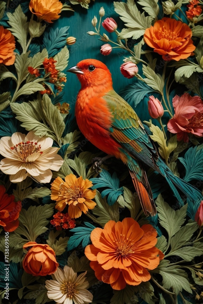 Obraz premium Colorful Garden Reverie Generative AI's Bird and flowers Harmony Unveiled