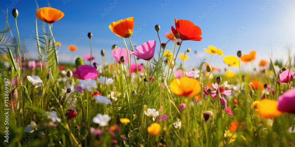 Obraz premium Colorful Blooming Meadow: A Joyful Tapestry of Wildflowers, Poppy Blossoms and Fresh Greens Under a Sunny Blue Sky