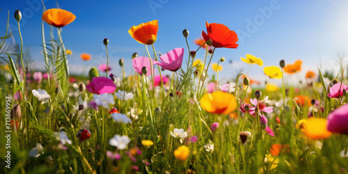Colorful Blooming Meadow  A Joyful Tapestry of Wildflowers  Poppy Blossoms and Fresh Greens Under a Sunny Blue Sky