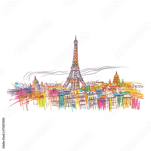 View of the Eiffel tower, Paris France in a hand drawn sketch style