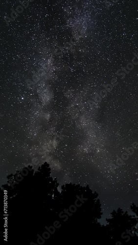 Time lapse of The Milky Way Galaxy moves over a forest on a starry night photo