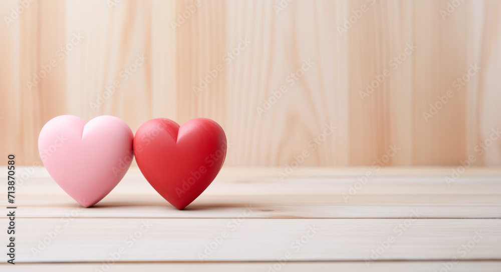 two pink wooden heart shape on wooden background two pink wooden heart shape on wooden background