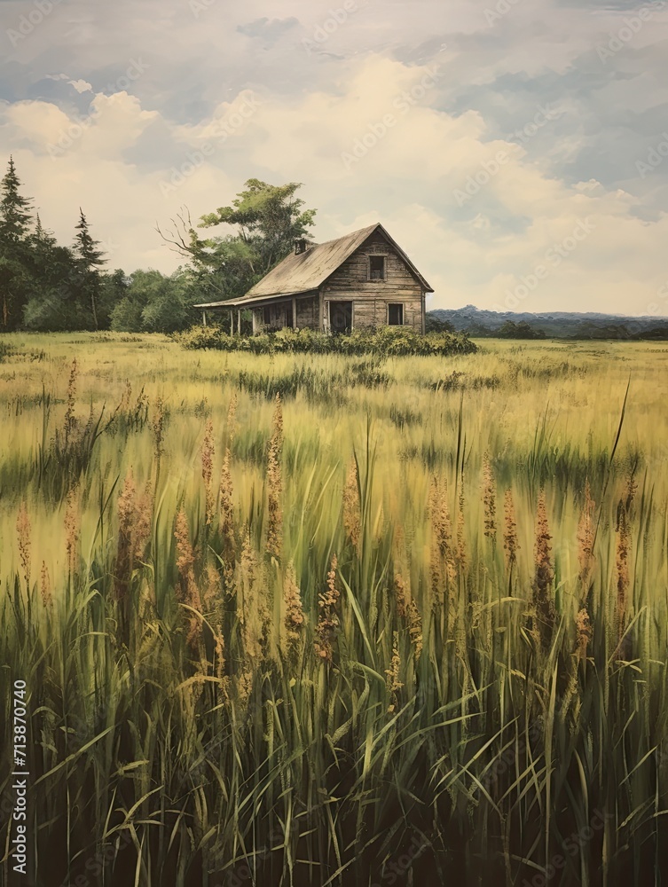 Φωτογραφία Farmhouse Dreams Amidst Tall Grass: Vintage Landscape Art of a Free-Spirit Grass