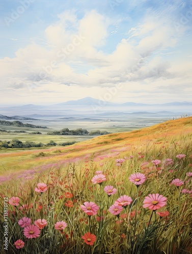 Expanse of Wildflowers  Free-spirit Grassland Art Vintage Landscape