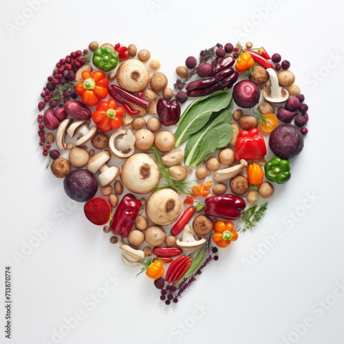 A colorful and healthy assortment of fruits and vegetables arranged in the shape of a heart