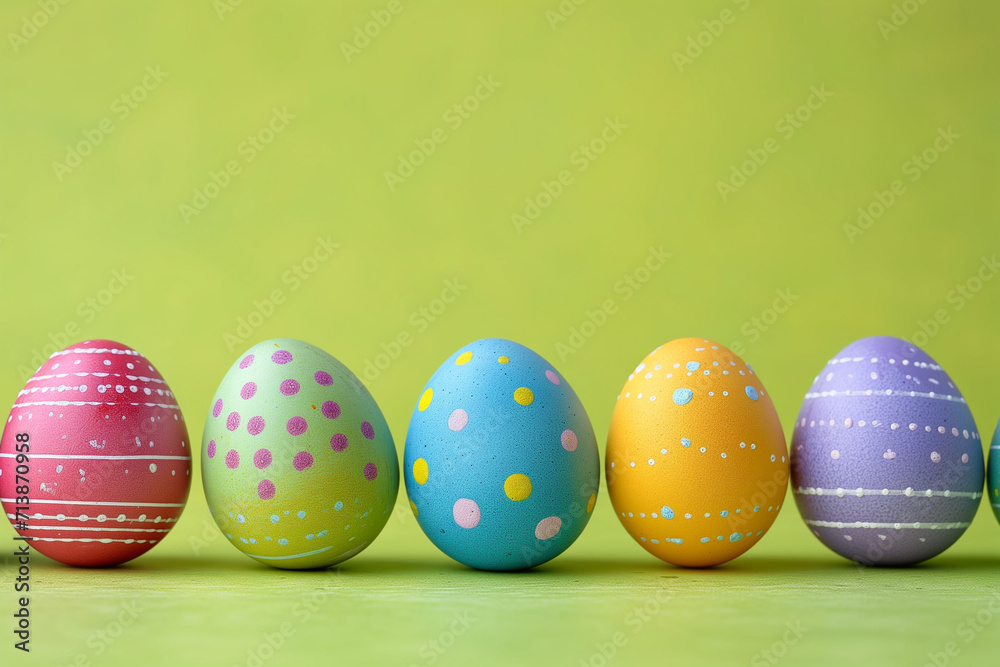 Colorful easter eggs in a row and in front of a green background and space for text. Minimalist Easter composition. Greeting trendy color concept with copyspace. design template, free copy space