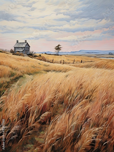 Free-spirit Grassland Art: Windswept Farmhouse Tales in Vintage Painting