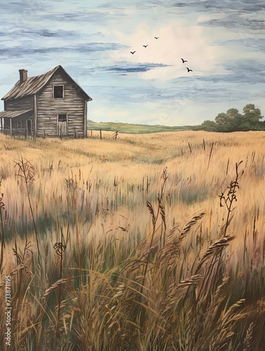 Free-Spirit Grassland Art: Vintage Farmhouse Tales in Windswept Scenery Painting