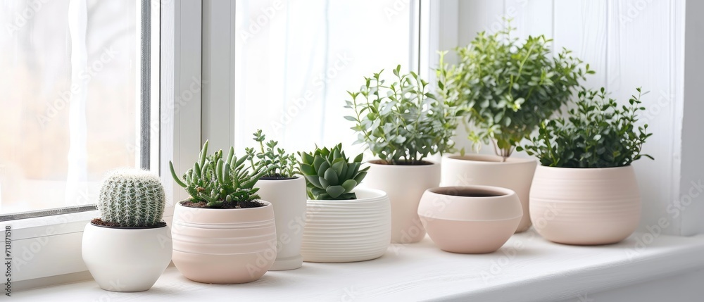 A set of ceramic planters in various sizes, displayed on a white windowsill A set of ceramic planters in various sizes, displayed on a white windowsill