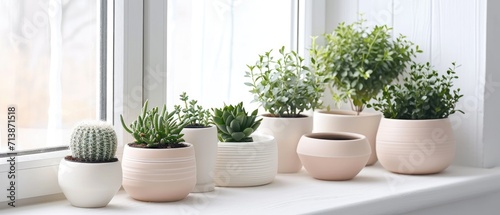 A set of ceramic planters in various sizes  displayed on a white windowsill 