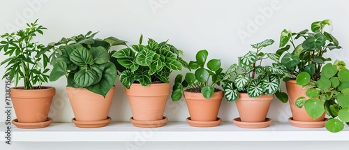 A group of green indoor plants in terracotta pots, arranged on a white shelf 