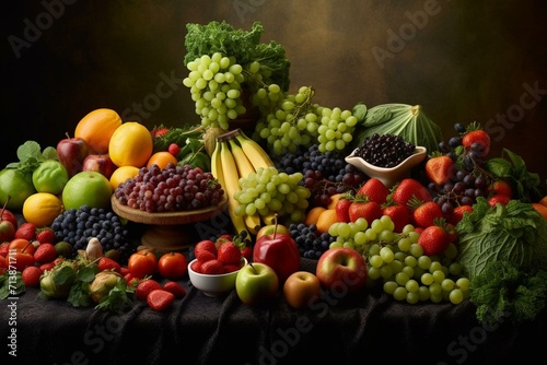 Assorted fruits and vegetables arranged on a tabletop. Generative AI