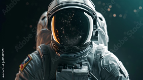 Close up portrait of spaceman in space looking directly through spacesuit.