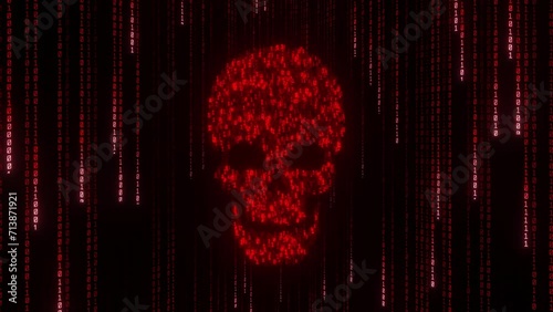hacker screen red skull with binary code, network data security system, futuristic design server.