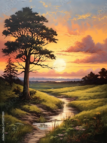 Golden Hour Country Roads: Vintage Sunset Landscape Canvas Painting Art