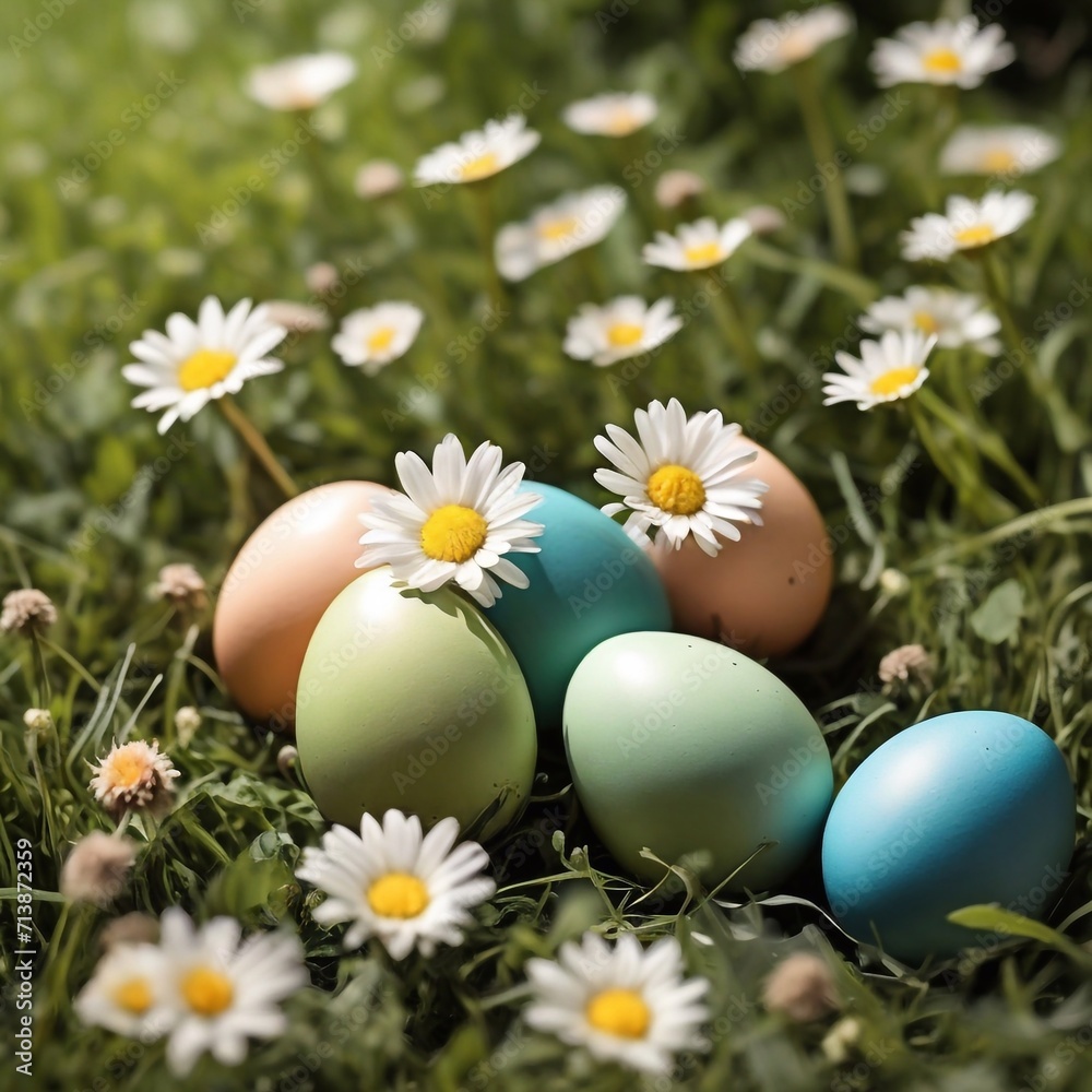 Easter eggs lie in green grass and daisies, sunny day