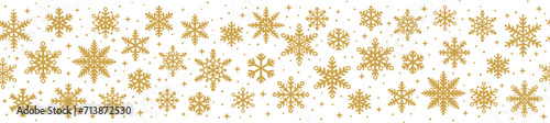 Gold snowflake banner, elegant vector border, seamless repeating pattern for the winter holiday celebrations, isolated clip art element design