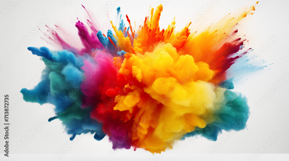 Multicolor powder explosion on White background. Colored cloud. Colorful dust explode. Paint Holi, colorful rainbow holi paint color powder explosion isolated white background, Generative AI