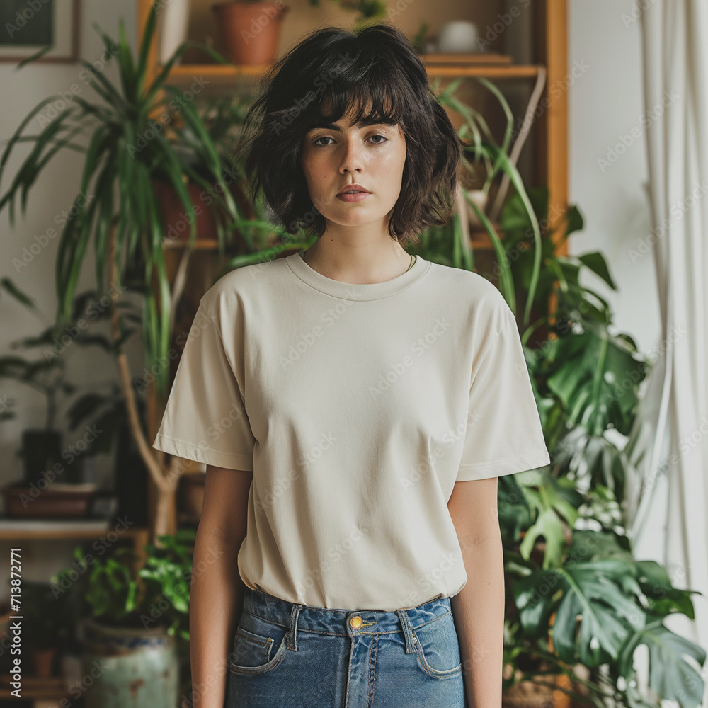 Beige T-shirt Mockup, Woman, Girl, Female, Model, Wearing a Beige Tee Shirt and Blue Jeans, Oversized Blank Shirt Template, Standing in a Room with Plants, Close-up View Beige T-shirt Mockup, Woman, Girl, Female, Model, Wearing a Beige Tee Shirt and Blue Jeans, Oversized Blank Shirt Template, Standing in a Room with Plants, Close-up View