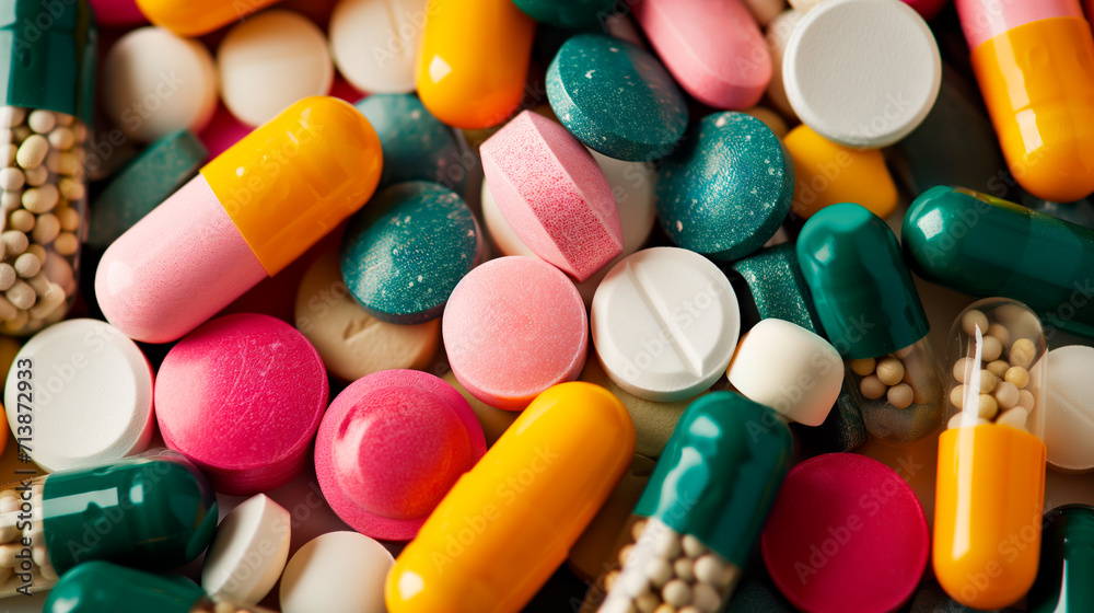 Assorted pharmaceutical capsules and pills close-up. Assorted pharmaceutical capsules and pills close-up.