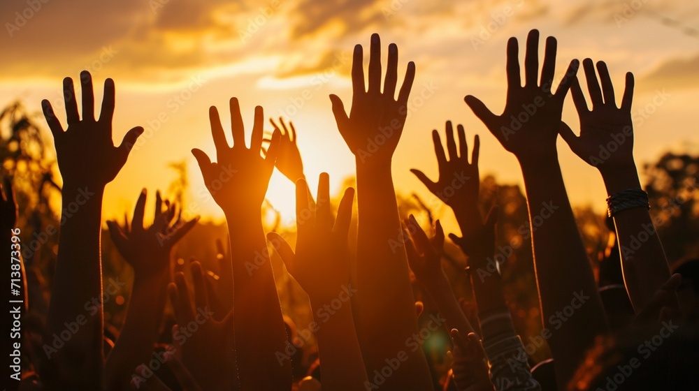 International human rights day concept Human rights concept Silhouette many people raised hands over autumn sunset background