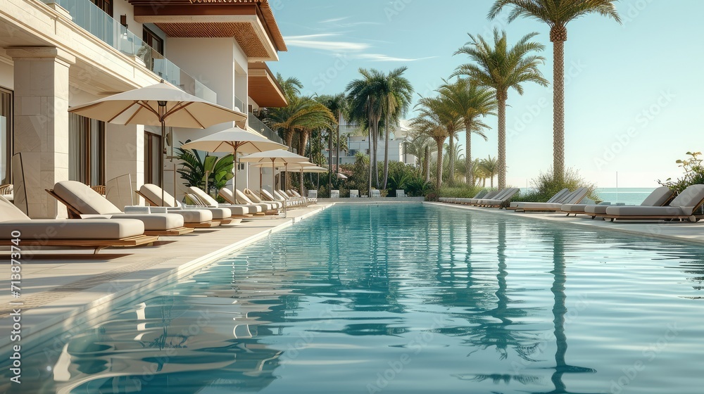 A modern resort hotel swimming pool with pool loungers hospitality. Generative AI.