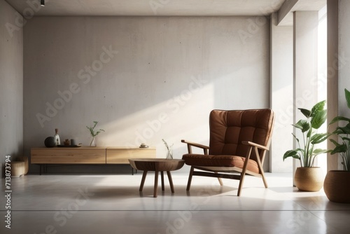 Rustic interior home design of modern living room with chair decoration and concrete wall with copy space