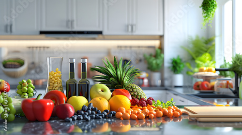 Fresh and Vibrant Kitchen Scene with Colorful Fruits and Vegetables