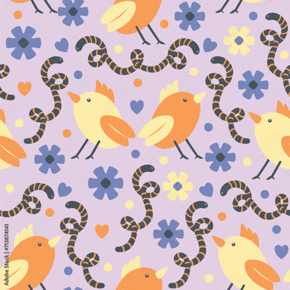 Vector seamless spring pattern with birds and worms