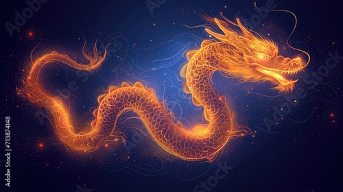 Golden Chinese dragon lines glow on a dark background.