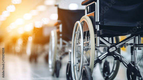Inclusive Medical Spaces: Rows of Wheelchairs for Disability Patients – Hospital Services Panorama with Copy Space for Text or Promotional Content